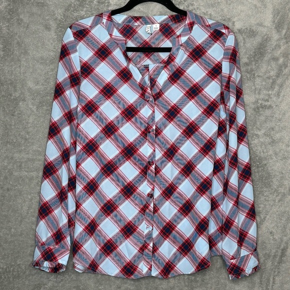 Elle S Small Shirt Top Blue Red Plaid Long Sleeve V Neck Button Up Womens - Picture 1 of 7